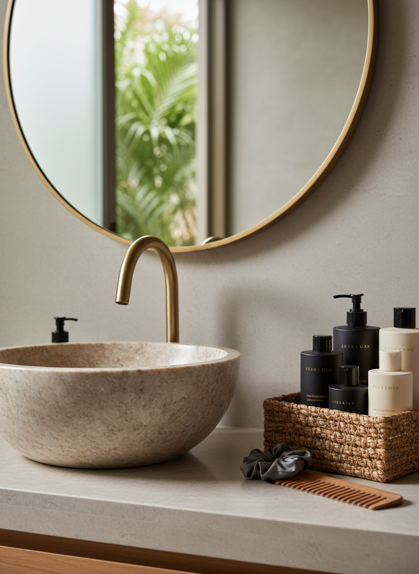 An elegant bathroom counter styled with a brushed brass faucet, a large round stone sink, and a selection of haircare products in matte bottles, partially tucked into an open woven basket. A silk scrunchie and a wide-tooth wooden comb rest casually beside the basket, while a sleek round mirror reflects a blurred hint of greenery. Diffused daylight from the side window bathes the scene in soft, flattering light, creating a serene, spa-like ambiance. Captured at eye level with a subtle rule-of-thirds composition, photographic realism, and a sophisticated, editorial feel that highlights haircare as part of a refined daily ritual.